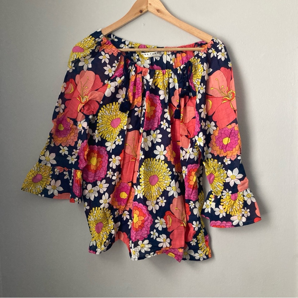 Trina Turk bright colorful floral retro boatneck blouse top flounce sleeve